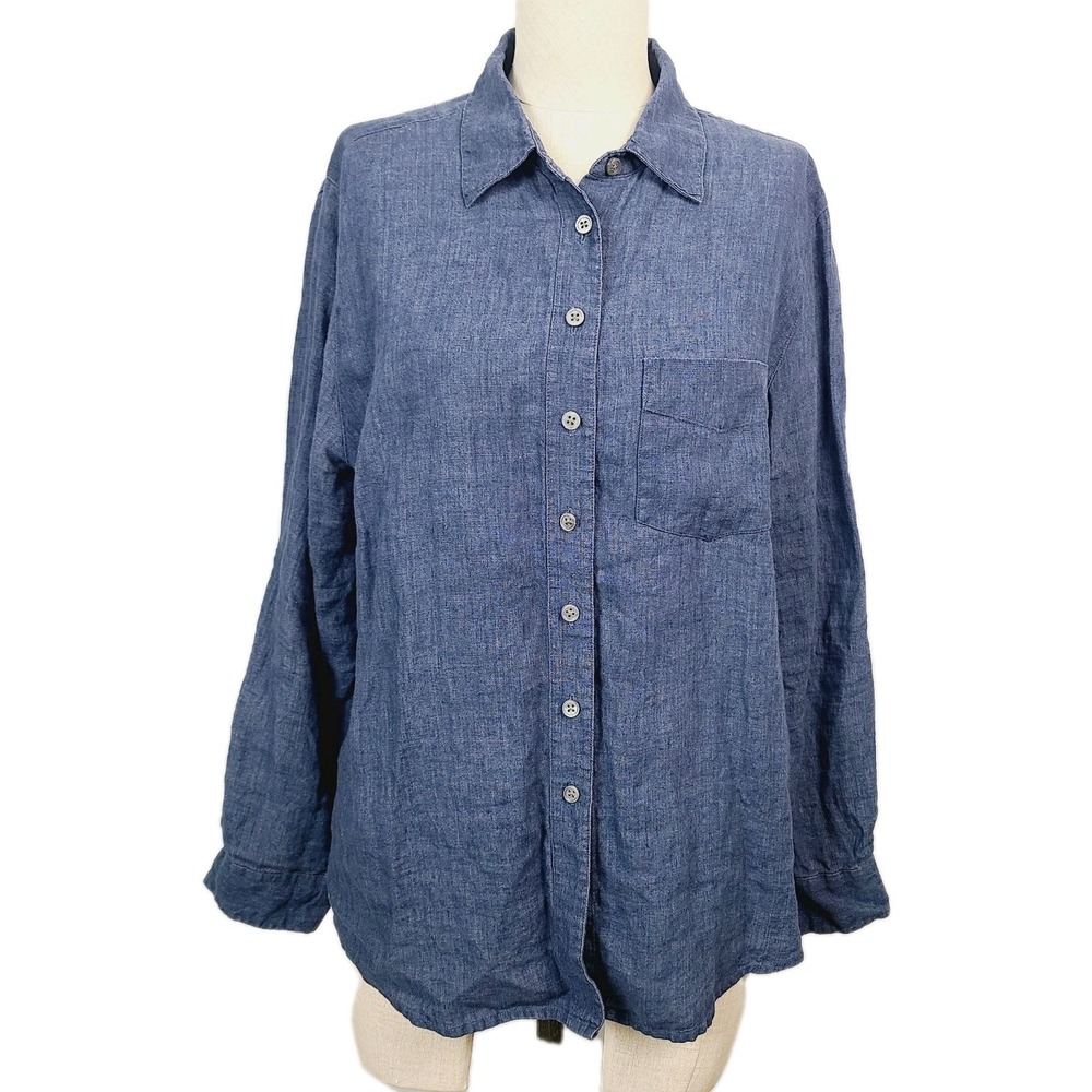 Ann Taylor Blue Denim-Look 100% Linen Button Front Shirt LP Long Sleeve